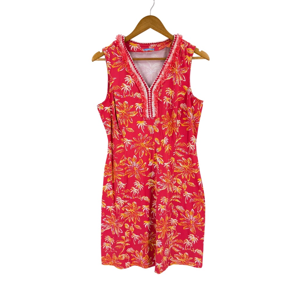 J. McLaughlin Sleeveless Shift Dress Coral Palm Print Large Tropical Preppy